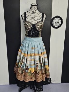 Desert Scene Pleated Circle Skirt in Sky Blue & Brown